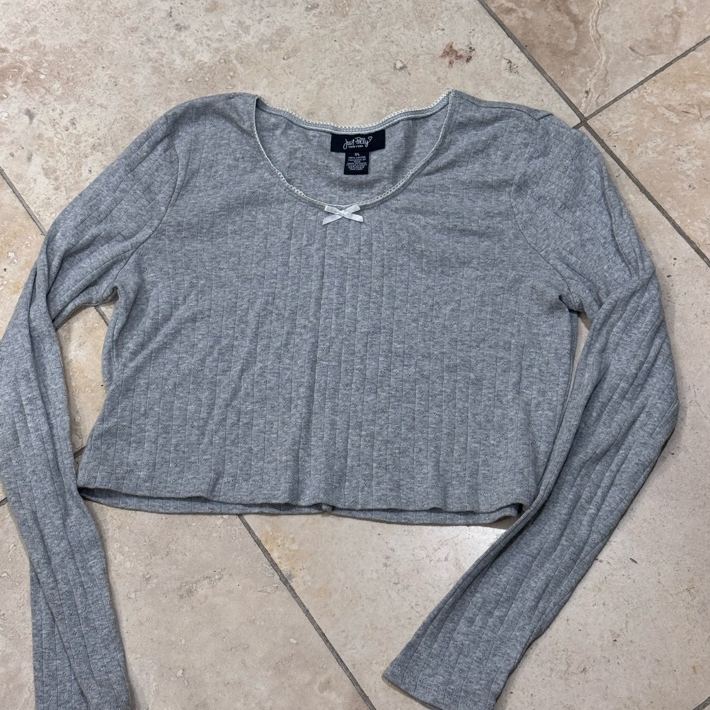 Just Polly Gray Ribbed Long Sleeve Crop Top with Front Bow